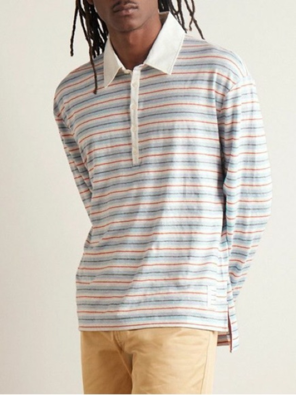 Thom Browne Mens Linen Striped Rugby Fit Polo Shirt Size 4 XL Blue Red White